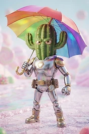 A green cactus character wearing silver metallic armor holding a colorful rainbow umbrella standing in a fantasy candy land landscape.