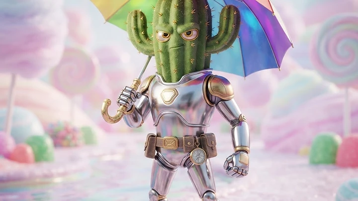 A green cactus character wearing silver metallic armor holding a colorful rainbow umbrella standing in a fantasy candy land landscape.