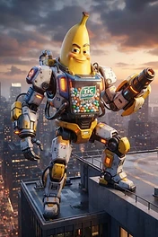 A giant anthropomorphic banana character in a futuristic mecha suit with a Tic Tac candy dispenser chest piece, standing on a city skyscraper roof at sunset.