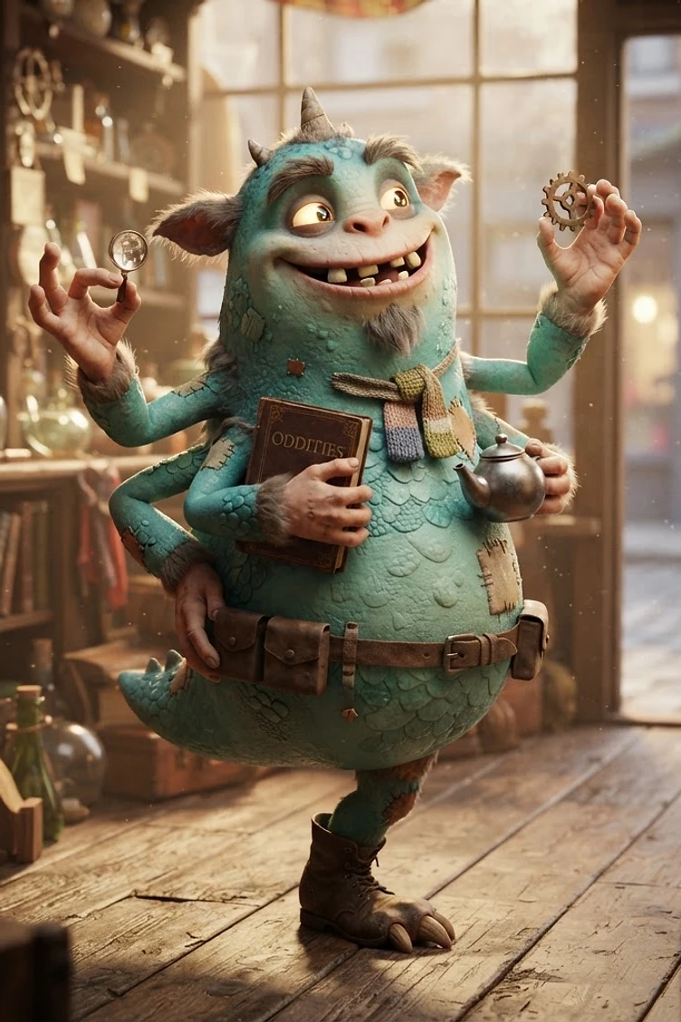 A friendly, turquoise, multi-armed monster standing in a cluttered antique shop, holding a magnifying glass, a gear, a book titled Oddities, and a small metal teapot.