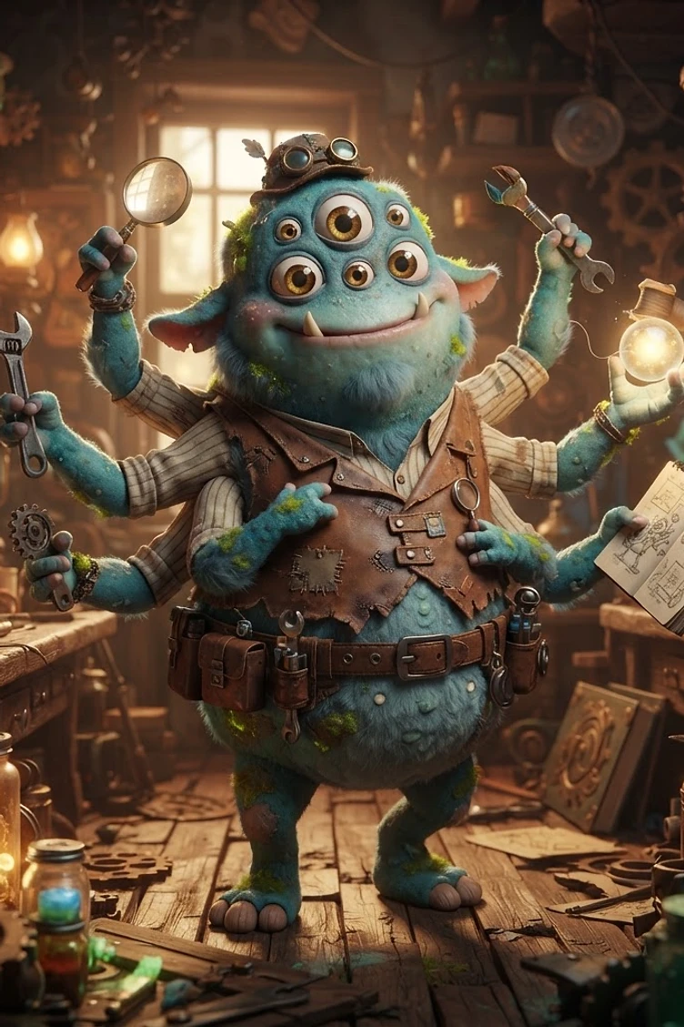 A friendly, blue, multi-armed furry monster wearing a vest and goggles, working in a cluttered steampunk inventor's workshop full of tools and glowing jars.