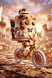 A cute toasted marshmallow character with large eyes riding a bicycle made of pretzels and candies through a desert landscape made of graham crackers and melted chocolate.