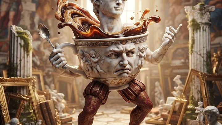 A surreal anthropomorphic coffee cup with a face and the head of Michelangelo's David wearing sunglasses, standing on human legs in a classical art museum.