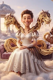 Brainrot Me character: a three-headed spaghetti dragon wearing a wedding dress in a luxury mansion floating in the clouds