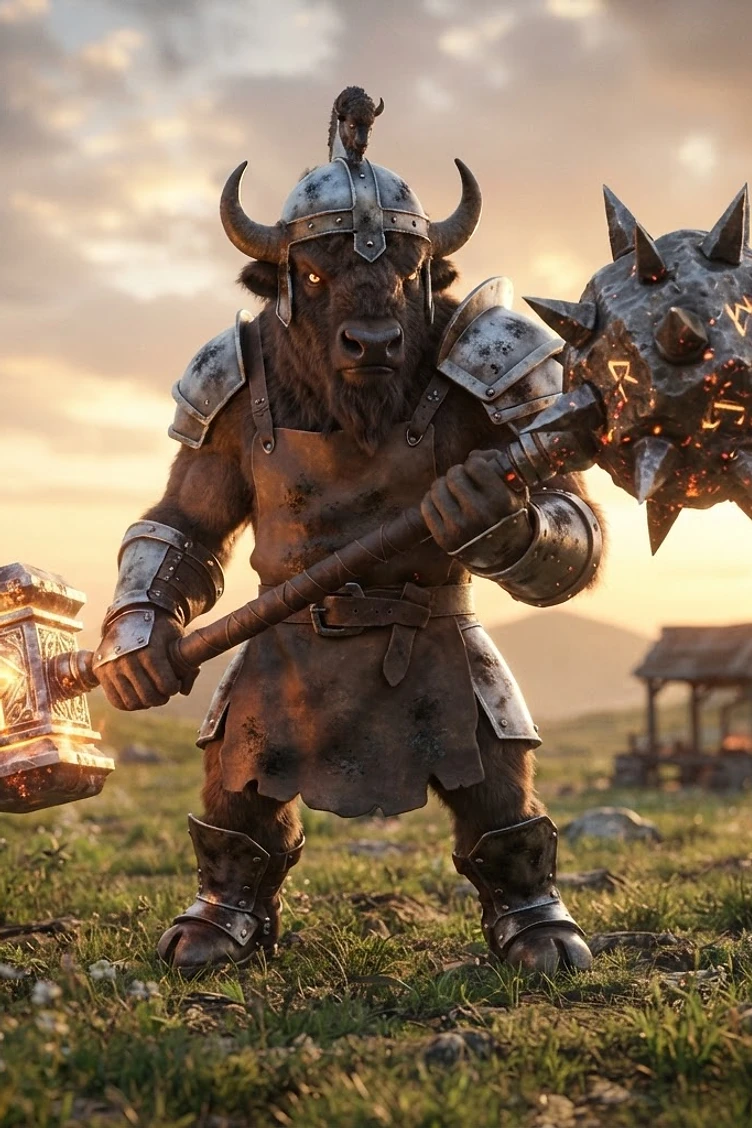 A powerful bison-headed warrior wearing iron armor and holding a glowing spiked mace and hammer in a field at sunset.