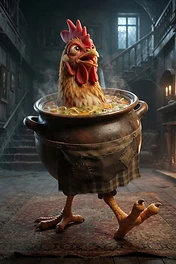 a funny chicken emerging from a steaming pot of soup while wearing an apron and walking in a gothic mansion