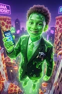 Brainrot Me character: an alien businessman made of glowing green slime in a chaotic city where all the buildings are made of pizza