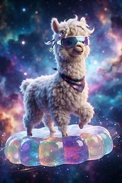 A fluffy white llama wearing futuristic sunglasses and a space-themed bandana, floating on a colorful iridescent bubble in deep space.