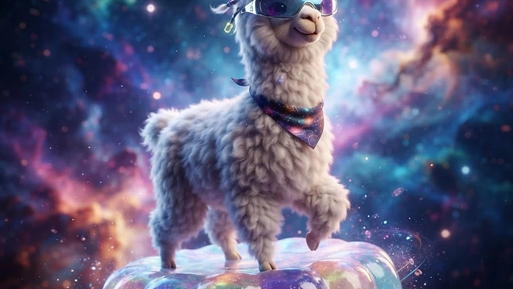 A fluffy white llama wearing futuristic sunglasses and a space-themed bandana, floating on a colorful iridescent bubble in deep space.