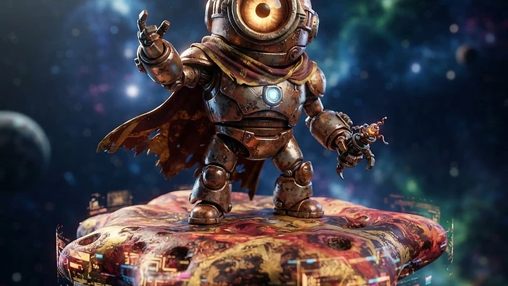 A small, rust-colored robot with a single glowing eye, wearing a tattered cape, stands on a glowing, data-infused rock in deep space.