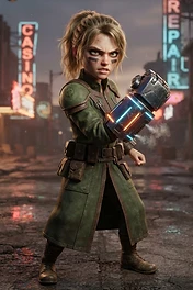 A stylized young female fighter with a mechanical power gauntlet standing in a ruined city street with neon signs.