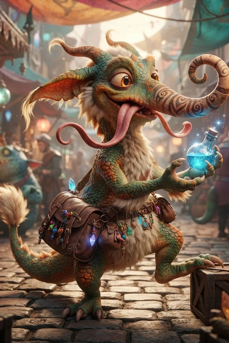 A whimsical, dragon-like creature with a long curled snout and tongue, wearing a satchel and holding a glowing blue potion in a bustling fantasy market.