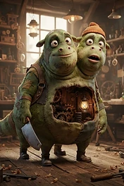 a two headed green monster with a mechanical gear-filled torso and holding a butcher knife in a cluttered workshop