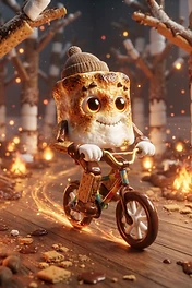 A cute toasted marshmallow character wearing a beanie rides a small bicycle through a forest made of s'mores and chocolate, surrounded by fire.
