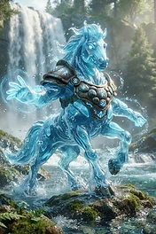 A mystical water horse creature with humanoid arms and glowing runes standing in a forest stream near a waterfall.