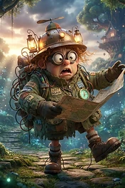 A cartoonish, wide-eyed explorer wearing a makeshift helmet with lanterns and a propeller, looking confused at a map in a bioluminescent fantasy forest.