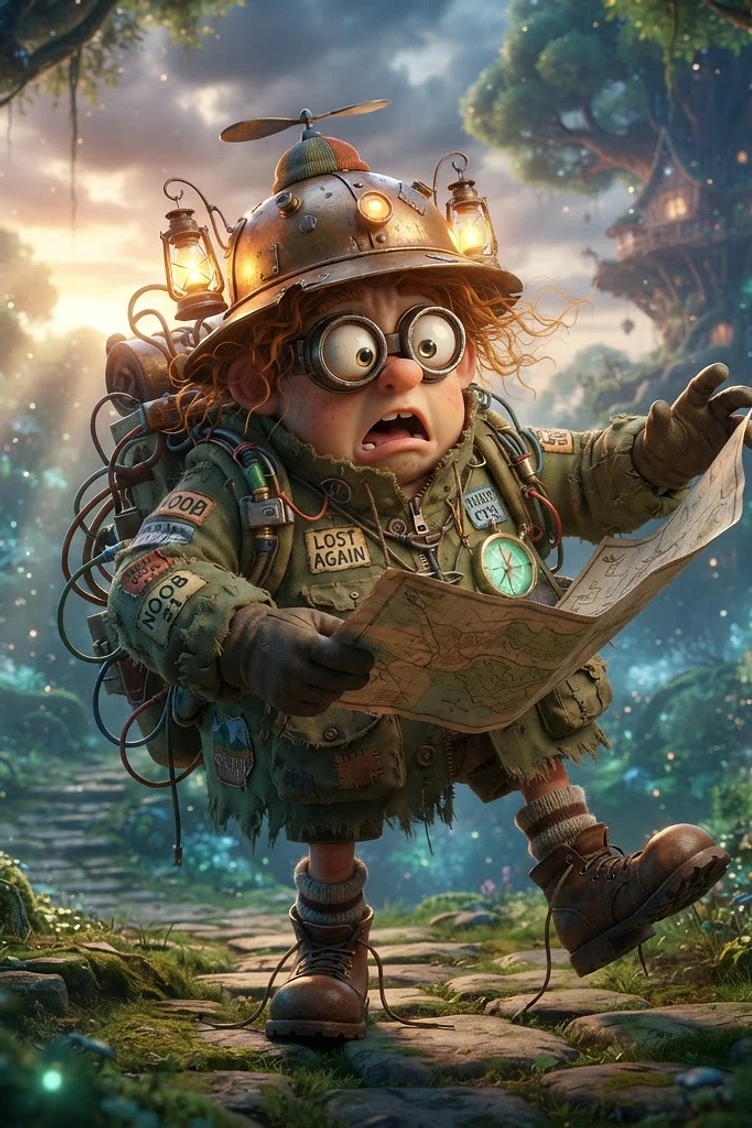 A cartoonish, wide-eyed explorer wearing a makeshift helmet with lanterns and a propeller, looking confused at a map in a bioluminescent fantasy forest.