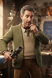 A middle-aged man with curly hair and a beard, wearing a green blazer and beige sweater, stands in a cluttered workshop looking surprised while holding a complex, multi-lens antique scientific instrument.