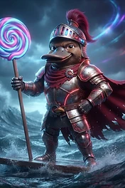 An anthropomorphic platypus dressed in intricate medieval knight armor with a red cape, standing on a wooden raft in a stormy sea while holding a glowing neon swirl lollipop.