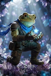 An anthropomorphic frog knight wearing leather armor and a blue scarf kneeling in a crystal cave while holding a glowing blue star in his hands.