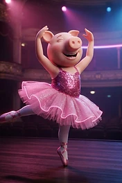 A happy anthropomorphic pig wearing a sparkly pink tutu and ballet slippers dancing on a theater stage under spotlights.