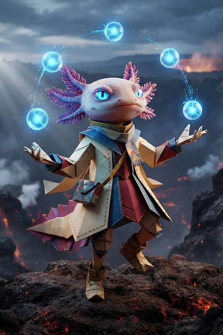 A whimsical, anthropomorphic axolotl character wearing a layered outfit and scarf, surrounded by floating blue glowing energy orbs in a volcanic landscape.