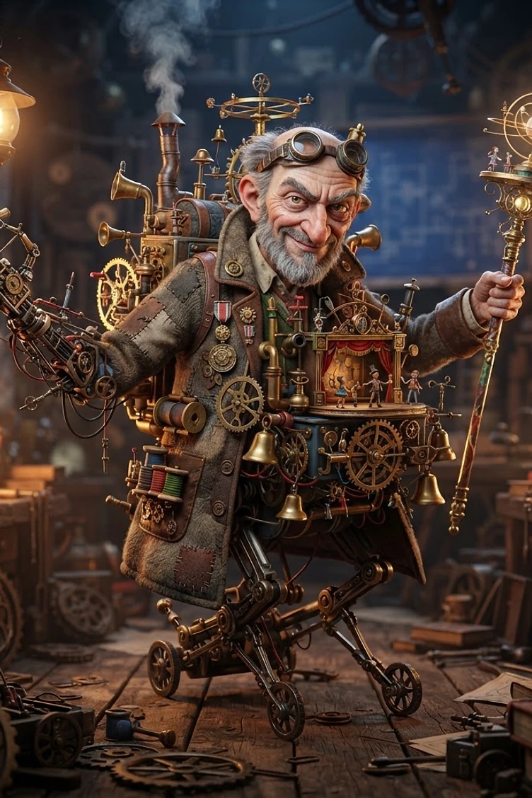 An elderly male inventor with mechanical gear, robotic limbs, and a miniature stage in a cluttered Victorian steampunk workshop.
