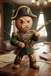 An angry gingerbread man dressed as a 19th-century military general in a dark wood-paneled office.
