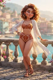 A stylized 3D animated style woman with wavy brown hair wearing a patterned bikini and white lace cover-up standing on a Mediterranean terrace overlooking a coastal town.