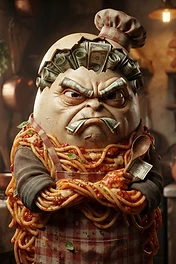 An angry, cracked egg character wearing a chef hat, covered in spaghetti and marinara sauce, with US dollar bills stuffed inside its head and mouth, standing in a rustic kitchen.