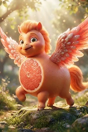 A fantasy creature that is a hybrid of a pony and a grapefruit, with feathery wings and a citrus body standing in a sunlit forest.
