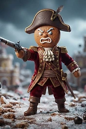 An angry gingerbread man dressed as an eighteenth-century military officer holding a musket on a battlefield made of cookie crumbs.