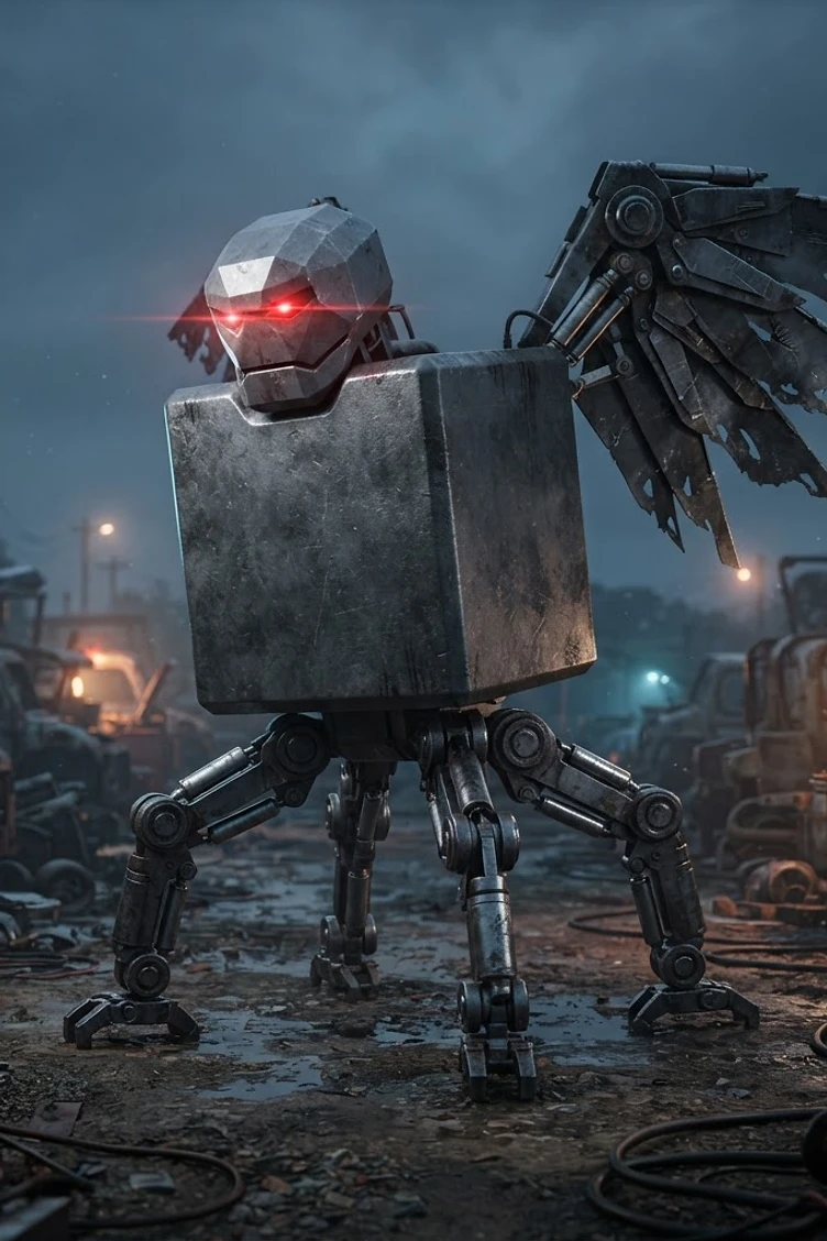 A metallic cube-shaped robot with red glowing eyes and ragged mechanical wings standing in a scrap metal junkyard.