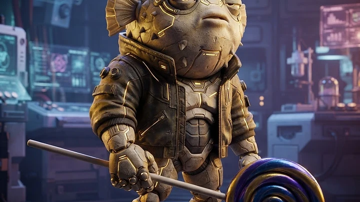 A stoic, stone-textured cyborg pufferfish character wearing a leather jacket, standing in a futuristic laboratory and holding a large, swirling blue and gold lollipop.