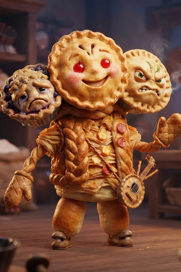 A whimsical, three-headed creature made entirely of pastry, pie crust, and fruit fillings, standing in a rustic kitchen while holding a small banjo.