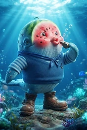 A whimsical underwater creature with a watermelon head, blue fish-like body, wearing a sailor shirt and brown boots, blowing a whistle.