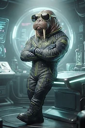 A anthropomorphic walrus wearing sunglasses and a tactical suit standing in a futuristic high-tech laboratory with glowing computer screens.
