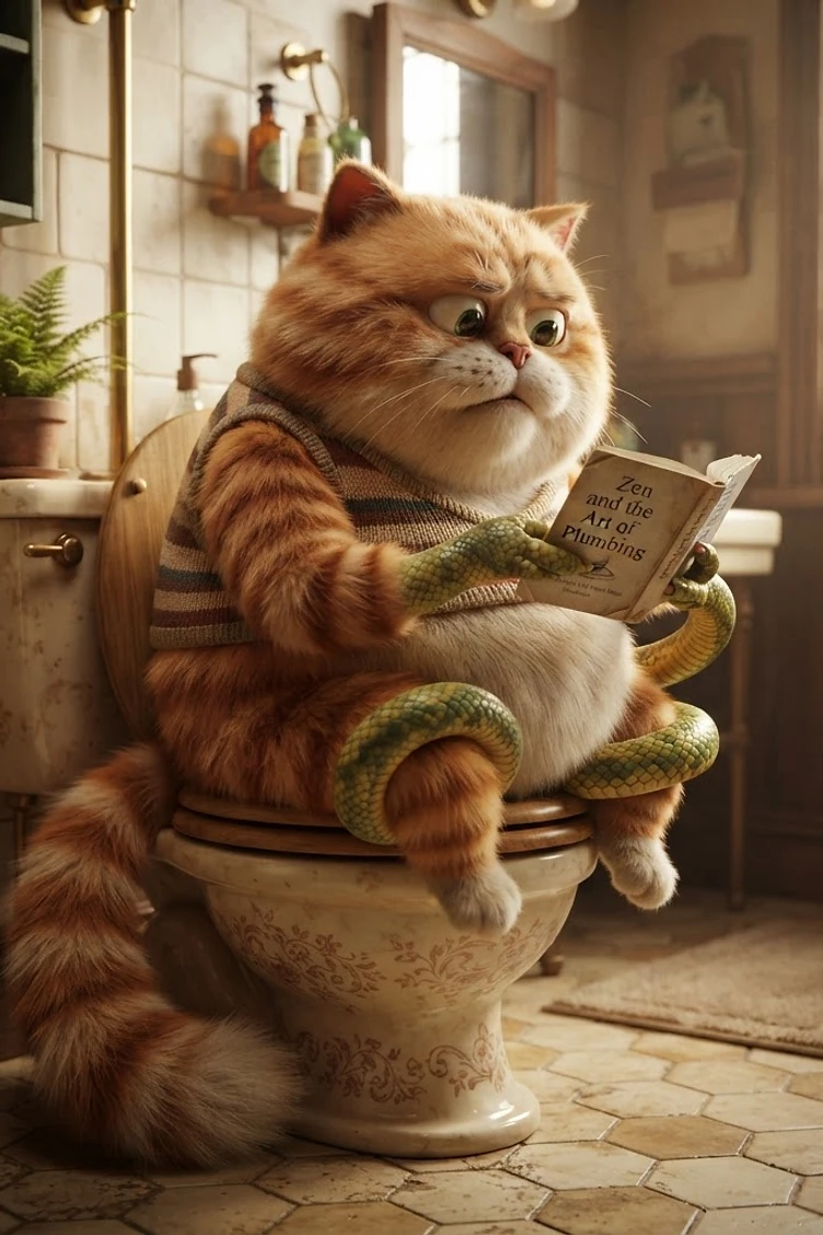 An orange fluffy tabby cat wearing a striped sweater vest sitting on a toilet reading a book titled Zen and the Art of Plumbing with snake-like limbs.