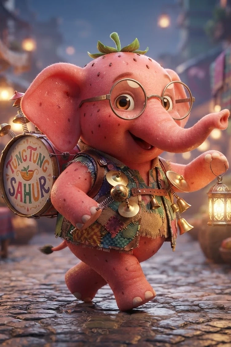 A cute pink strawberry-textured elephant wearing glasses and a patchwork vest, carrying a drum and lantern through a busy market street.