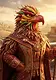 A majestic eagle-like figure adorned with colorful chili peppers, wearing ornate, embroidered royal robes, holding a staff with a flaming pepper tip.
