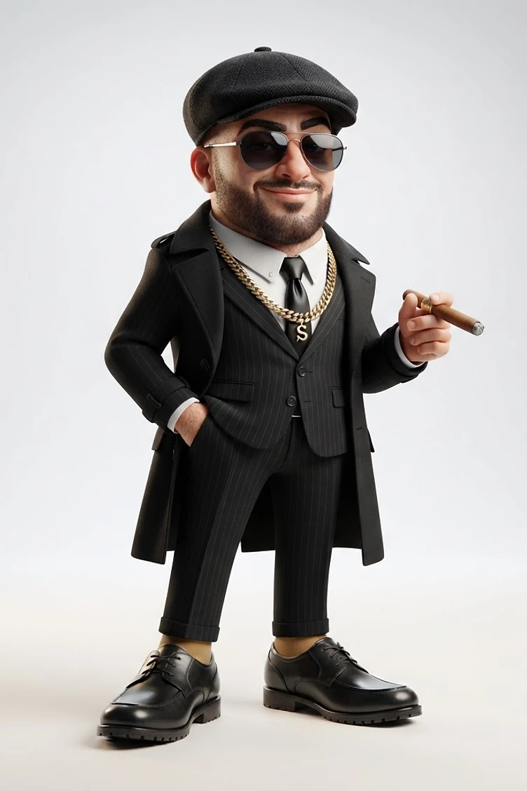 A stylized 3D character wearing a pinstripe suit, flat cap, sunglasses, and a gold chain, holding a lit cigar while standing against a neutral background.
