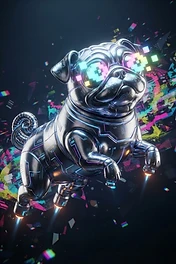 A metallic, futuristic pug robot floating against a dark background, surrounded by colorful, glitchy, pixelated digital debris and light streaks.