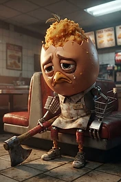 A sad, anthropomorphic egg character wearing an apron with a name tag that says Clucky, holding an axe, sitting in a fast food booth, with fried chicken on top of its cracked head.