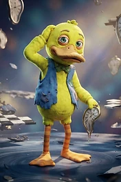 A confused yellow duck wearing a blue vest and striped socks stands in a surreal dreamscape surrounded by melting clocks and floating checkered platforms.