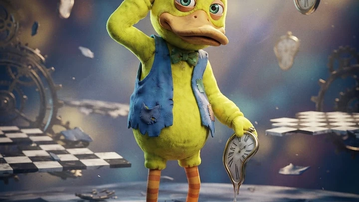 A confused yellow duck wearing a blue vest and striped socks stands in a surreal dreamscape surrounded by melting clocks and floating checkered platforms.