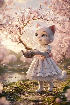 A cute anthropomorphic white kitten wearing a floral dress holding a miniature glowing cherry blossom tree inside a vintage teapot in a garden.