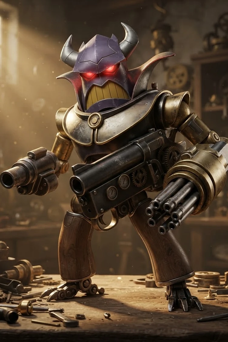 A heavily armored robot with a purple horned helmet and glowing red eyes holding multiple futuristic guns in a workshop.