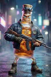 A cartoonish amber bottle character wearing a blue jacket, gold chain, and goggles while holding an AK rifle in a rain-slicked city street.