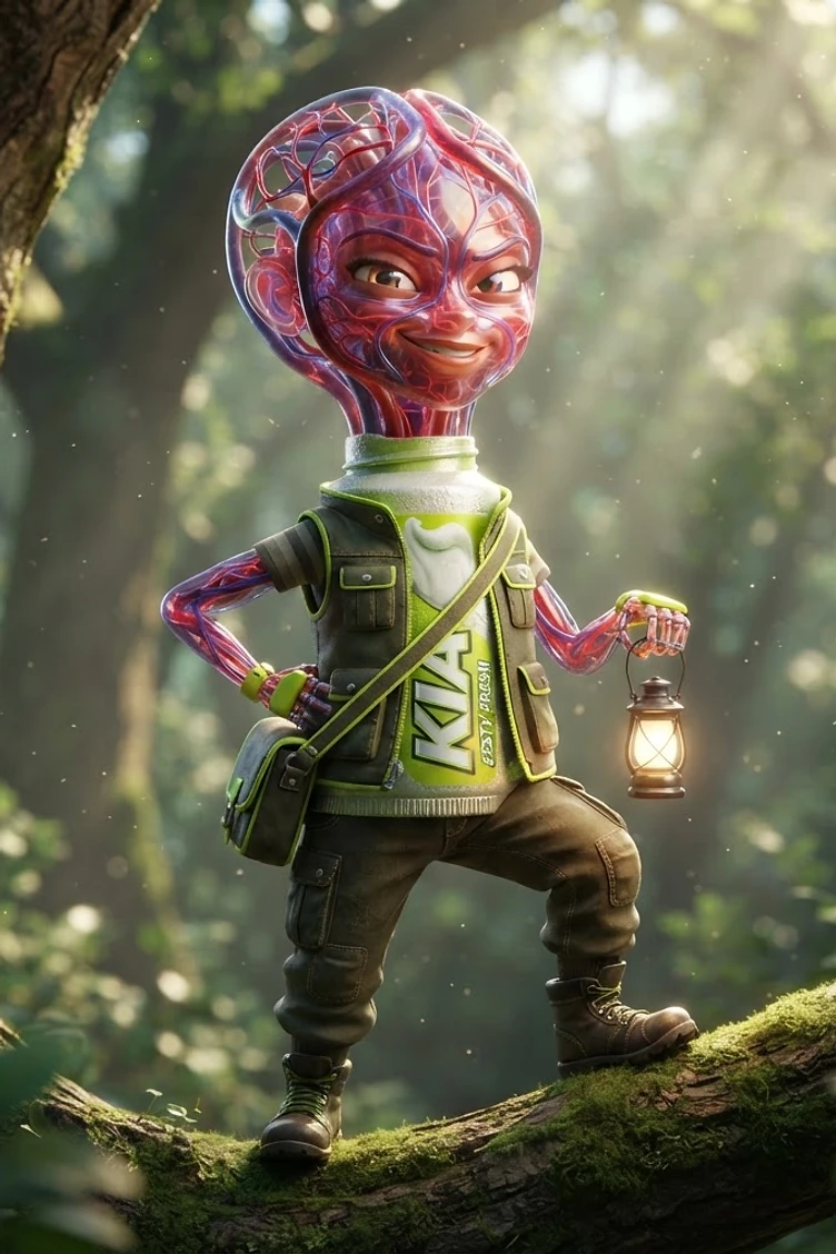 A stylized character with a glowing, vein-covered translucent brain head wearing outdoor adventure gear, standing on a tree branch in a sunlit forest holding a lantern.