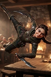 A stylized, nimble female rogue character with braids performs a dynamic one-handed acrobatic stunt on a tavern table, wielding dual daggers in a warm, dimly lit fantasy setting.